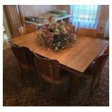 Antique 5-leg Oak Dining Table with 2-ext and Chairs