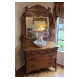 Antique Ornate Oak Dresser and Mirror
