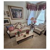 Antique-style Victorian settee and armchair set in a light-colored upholstery Marble-top Coffee and 