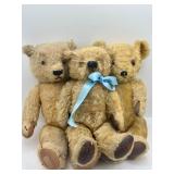 (3) Vintage Jointed Teddy Bears With Blue Ribbons
