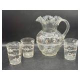 Beautiful Hand Blown & Painted Pitcher & (4) Cups