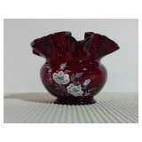 Vintage Fenton Red Glass Hand Painted White Rose Ruffled Crimped Edge Rose Bowl Vase-Artist Signed o