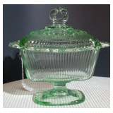 Vintage Mint Green Indiana Glass Lace Edge Pedestal Candy Dish with Lid