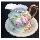 Vintage Lefton Green Heritage 5 ¼" pitcher & 7 ¼" bowl 4172 Pink Rose