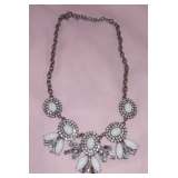 J CREW Clear Crystal White Rhinestone Statement Necklace Silver Tone Chain