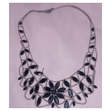 Black Faceted Stone & Silver Tone Web Style Chain Necklace