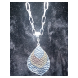 Long Vintage Rectangular Chain Necklace with Large Teardrop/Leaf Pendant