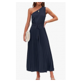 Womens One Shoulder Sleeveless Pleated A Line Flowy Party Maxi Dress, SIZE M