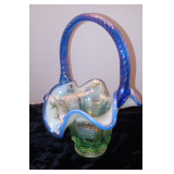 Vintage RARE FENTON WILLOW GREEN BARRED Haindpainted & signed BASKET