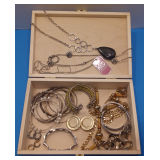 Vintage Wooden Cigar Box with vintage Jewelry Lot