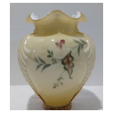 FENTON Gold Overlay Feather Vase w Tudor Rose