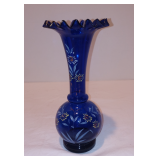 Antique/Vintage Cobalt Blue Etched Glass Ruffle Vase EAPG