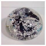 Beautiful, Vintage Round Glass Paperweight. Swirling Blue Colors & Bubbles