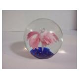 3" Spherical Glass Paperweight - Pink with Flower