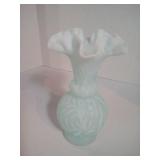 Vintage Fenton Light Sky Blue Opal Daisy and Fern Satin Opalescent Footed Vase Ruffle Crimped Rims C