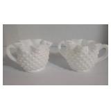 VINTAGE FENTON HOBNAIL White Milk Glass Star Crimp Sugar Creamer Set Serve Ware