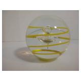 3" Handblown Art Glass Paperweight, Yellow w/ Bubble