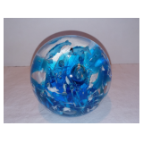 Vintage Art Glass Clear Round Paperweight W/Controlled Bubbles 3 Blue Dolphins