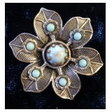 Gilded Filigree Flower Brooch with Turquoise-Pewter Tone
