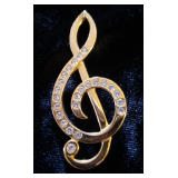Vintage Marked NAPIER Treble Clef Music Note Brooch Pin gold tone clear RHINESTONE