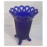 Vintage Imperial Cobalt BLUE Glass Vase 4 Footed Diamond Pattern Open Lacy Top 5" X 3 1/2