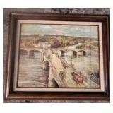 Framed Artwork by Leslie Cope 1984, "Crossing the Y Bridge", 21.5" x 25.5"