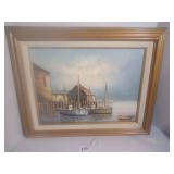 Nautical Harbor Oil Painting, Signed by Dwayne, 17" x 21"