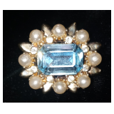 Antique Edwardian Faux Aquamarine Brooch with faux Pearls
