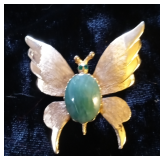 Butterfly Brooch / Pin w/ Green Stone * Vintage - Mid-Century * 2"x2"