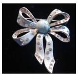 Vintage Silver Tone Enamel Ribbon Brooch