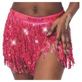 DRESBE Sequin Fringe Skirt Sparkly Belly Dance Hip Scarf Tassel Waist Wrap Belt Skirts Party Rave Co