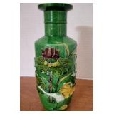 Late 19th to Early 20th C Chinese Vase Green Ground Relief- Reserve Price