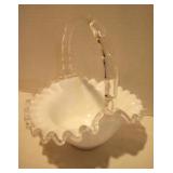 Vintage Fenton Silver Crest Milk Glass Ruffled Edge Basket with Bamboo Shape Handle