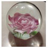 Vintage Pink Magnolia Rose Art Glass Paperweight With Green Stem Dew Like Bubbles