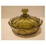 Vintage Fostoria Glass Coin Glass Low Candy Dish with Lid Olive Green Glass
