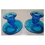 Set of 2(TWO) Colonial shaped Blue Glass Candle Holders