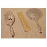 Silver Plated Three Piece Dresser Vanity Set Hand Mirror Brush & Comb - Romantic Hollywood Regency D