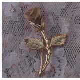 Vintage Anne Klein Gold Tone Rose on Stem with Leaves