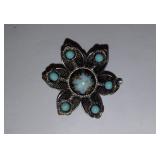 Vintage Turquoise Silver Tone Flower Brooch/Pendant