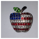 Patriotic American Flag Apple Brooch Vintage Silver Tone with Rhinestones