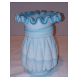 Vintage Kanawha Baby Blue & White Slag Glass Crimped Edge 5" Vase