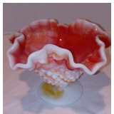 Vintage Fenton Orange Slag Hobnail Candy Dish - Ruffled Edge