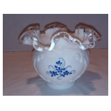 Vintage Fenton Elizabeth (Blue Floral) Silver Crest Basketweave Double Crimped Vase
