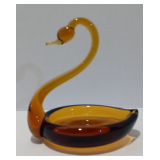 Vintage Czechoslovakian Art Glass Amber Yellow Bohemia Crystal Swan Trinket Dish