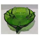 Jeanette Pheasant in Flight Three Footed Green Glass Vintage Bowl Unique