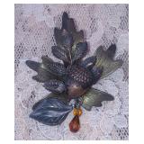 Vintage Fall Leaf/Acorn Brooch w/Brown Beads Charm