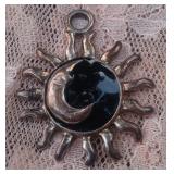 Vintage Sun & Moon Silver Pendant with Black Stone