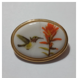Vintage Gold Tone Porcelain Hummingbird Brooch