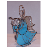 Vintage Christmas Blue Slag Glass Angel Playing Harp Halo Table Shelf Sitter 80s