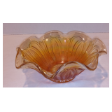 Antique Large Ruffled Deep Feathered Arrow Pattern Carnival Glass Bowl, 4"H x 9"W